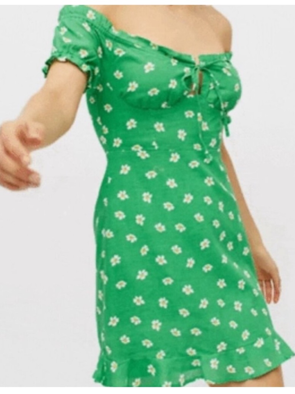 Urban Outfitters Magpie Off-The-Shoulder Mini Dress Green Daisy Size XS